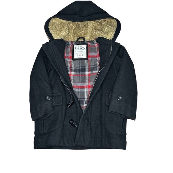 OLD NAVY Boys Hooded Black Wool Blend Toggle Zip Coat Size XS - Picture 1 of 6